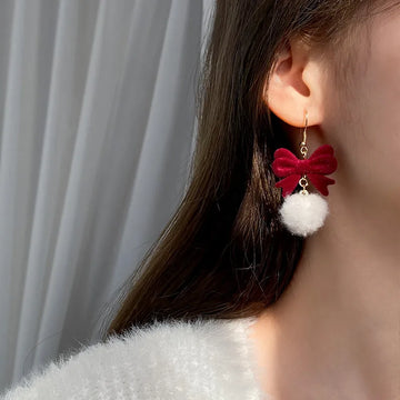 DAIIIBABYYY  -  New Romantic Winter Red Velvet Flocking Bow-knot Earrings Korean Fashion White Furry Ball Multi-style Dangle Earring Jewelry